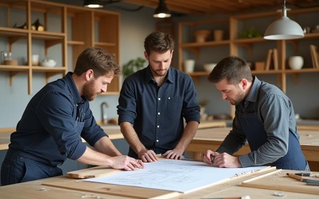 Team of skilled craftsmen working diligently inside a modern kitchen workshop, surrounded by bespoke cabinetry and tools.