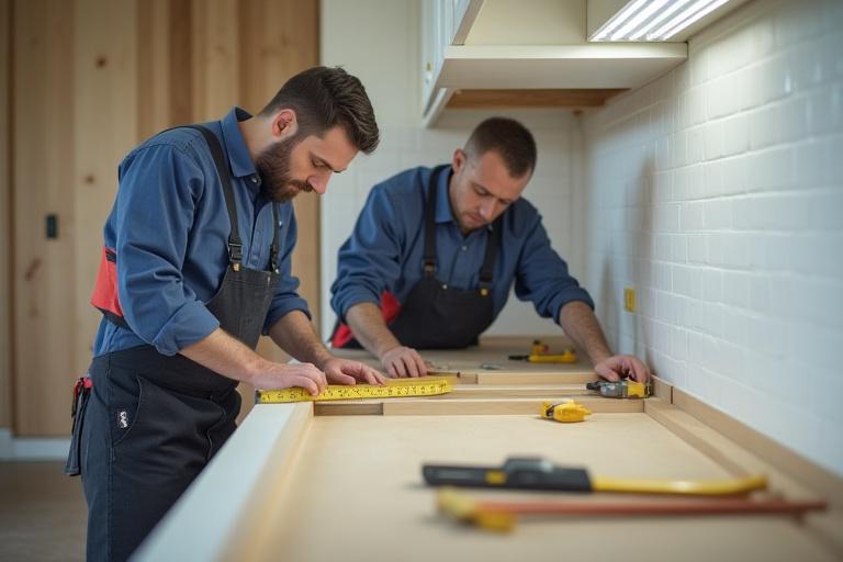 Professional kitchen installers meticulously fitting bespoke cabinetry and a new countertop, ensuring precision and quality.