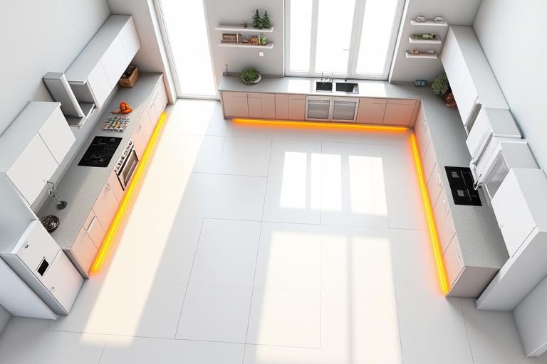 3D rendering of a modern kitchen layout design, showing optimized space and flow with ergonomic appliance placement.